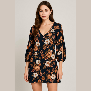 Lulus Floral V-Neck Open Sleeve Fully Lined Dress, Size Medium